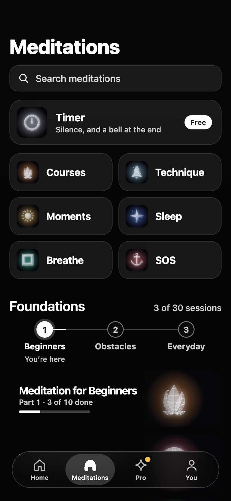 The Meditations tab: the free Timer, Courses, Technique, Moments, Sleep, Breathe and SOS, then the Foundations track