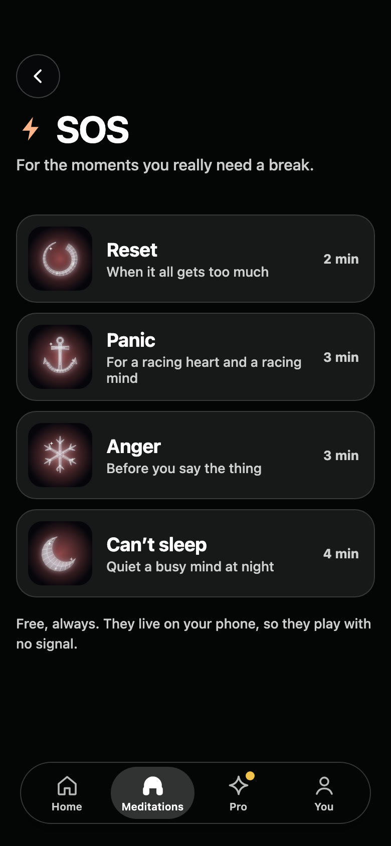 SOS: Reset, Panic, Anger and Can’t sleep, free and playable with no signal